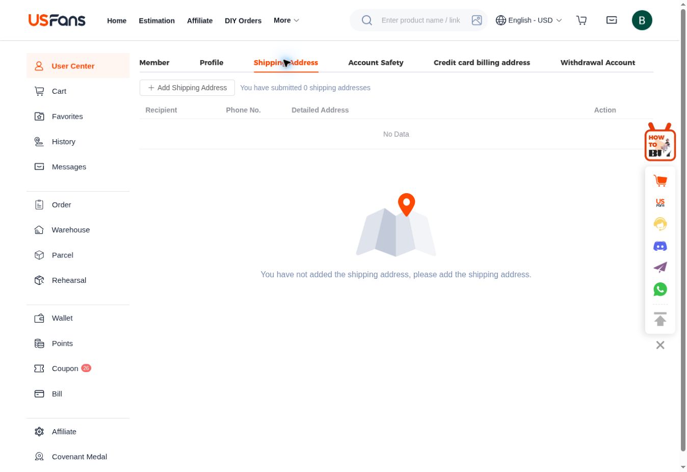 User Center → Shipping Address → Add Shipping Address